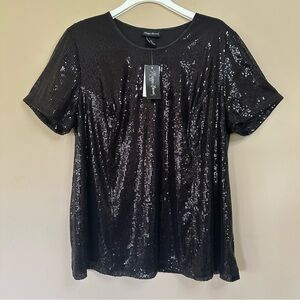 NWT Full Sequin Black Top Women 16W Casual Fit Short Sleeve Dressy Lined Classy